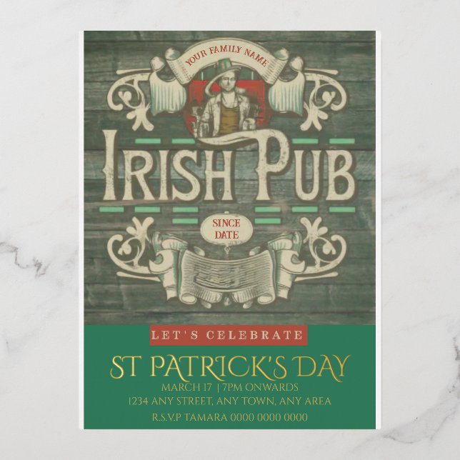 St Patrick's Day Funny Personalized Irish Pub  Foil Invitation Postcard (Front)