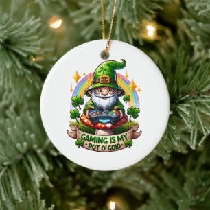 St. Patrick's Day Gamer Gnome Ceramic Ornament