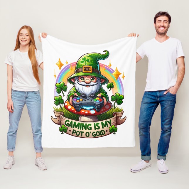 St. Patrick's Day Gamer Gnome Fleece Blanket (In Situ)