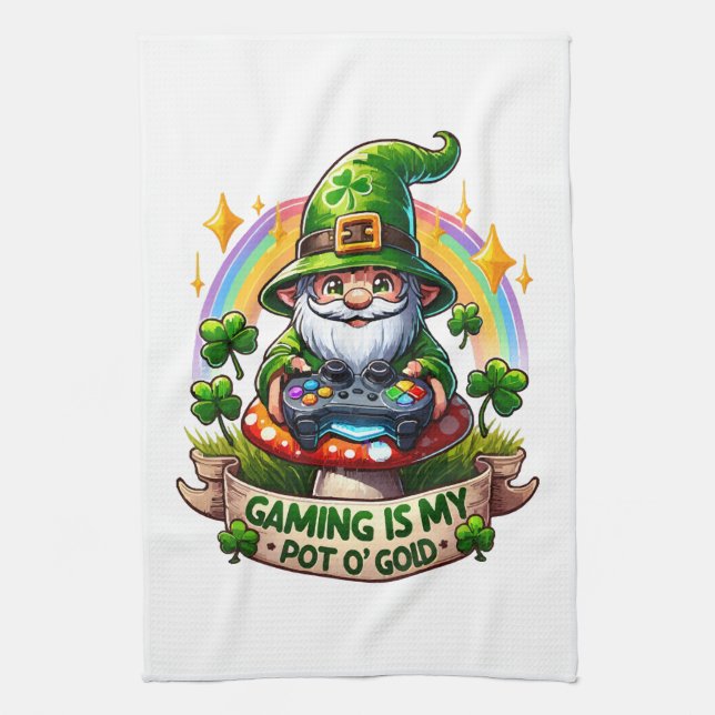 St. Patrick's Day Gamer Gnome Kitchen Towel (Vertical)