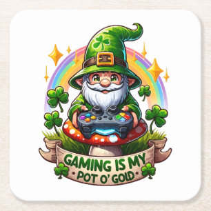 St. Patrick's Day Gamer Gnome Square Paper Coaster