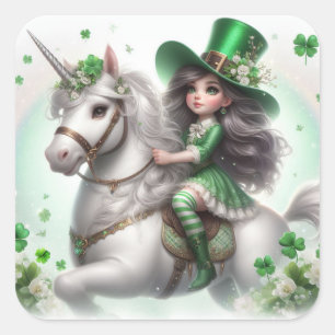 St. Patrick's Day Girl and Unicorn Square Sticker