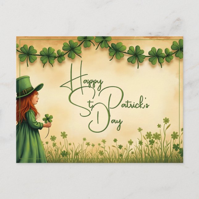 St. Patrick's Day Girl with Shamrocks Holiday Postcard (Front)