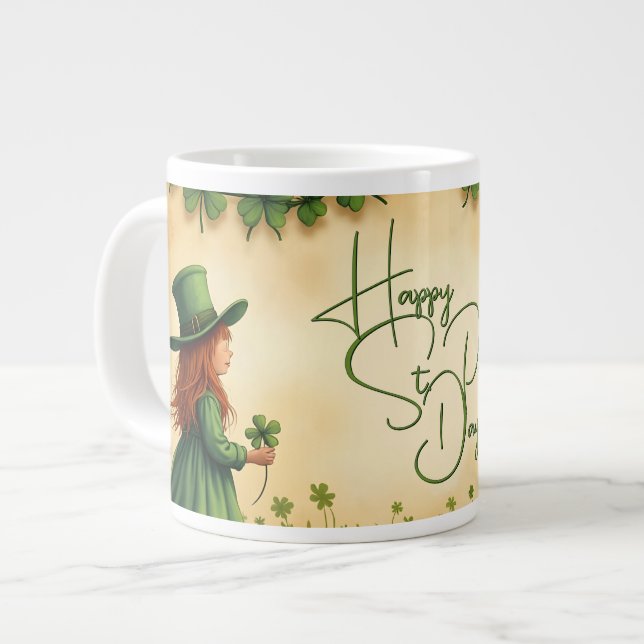 St. Patrick's Day Girl with Shamrocks Large Coffee Mug (Front Left)