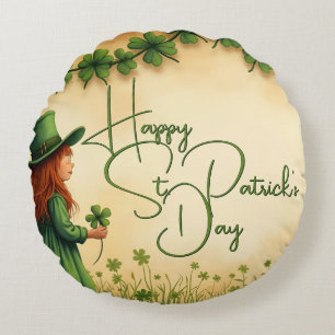 St. Patrick's Day Girl with Shamrocks Round Pillow