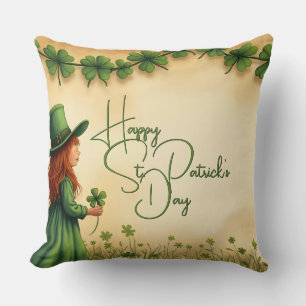 St. Patrick's Day Girl with Shamrocks Throw Pillow