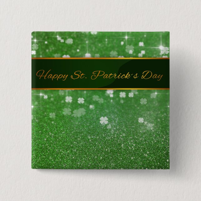 St. Patrick's Day Glitter Shamrock 2 Inch Square Button (Front)