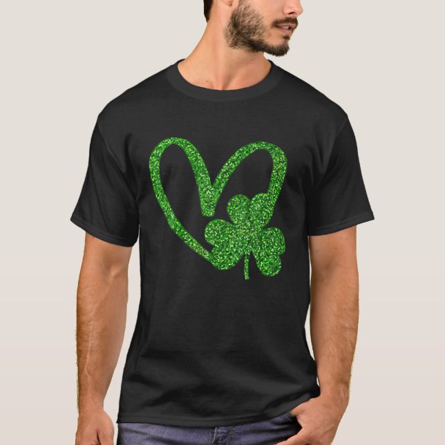 St Patrick's Day Glitter Shamrock Heart Clover Pat T-Shirt (Front)