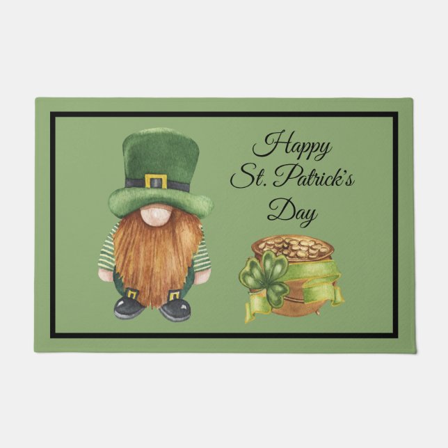 St. Patrick's Day Gnome Green Shamrock Pot of Gold Doormat (Front)