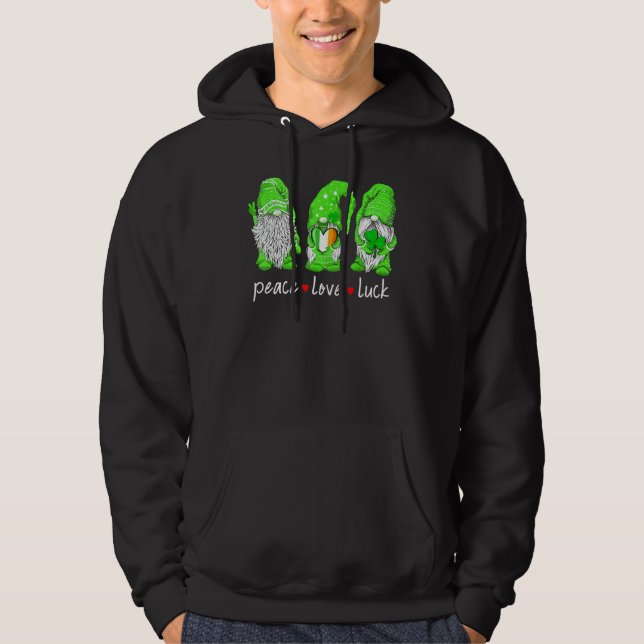 St Patrick's Day Gnome Peace Love Luck Heart Shamr Hoodie (Front)