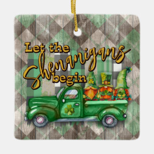 St. Patrick's Day Gnomes In Truck Shenanigans Ceramic Ornament