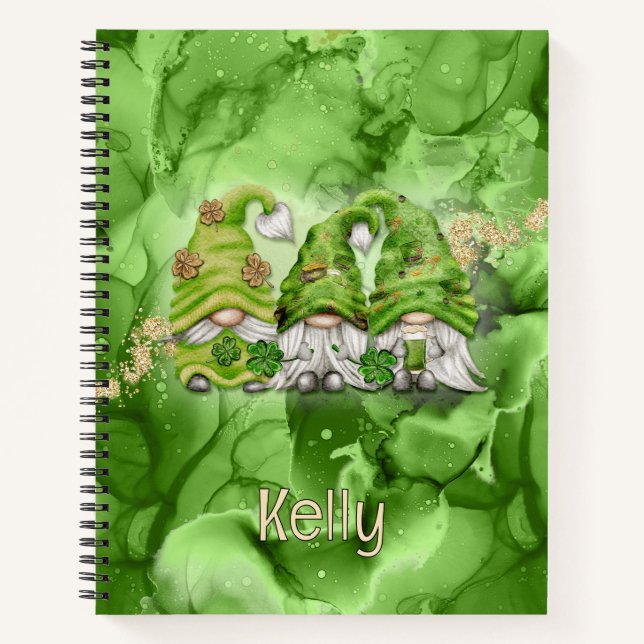 St. Patrick's Day Gnomes on Green Alcohol Ink Notebook (Front)