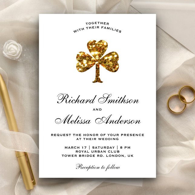 St. Patrick's Day Gold Clover Wedding Invitation (Creator Uploaded)