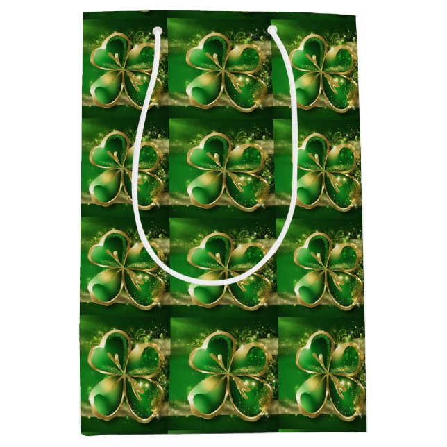 St. Patricks Day Gold Glitter Green Clover Leaf Medium Gift Bag (Front)