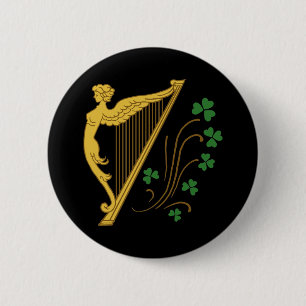 St Patrick's Day Gold Harp and Shamrocks 2 Inch Round Button