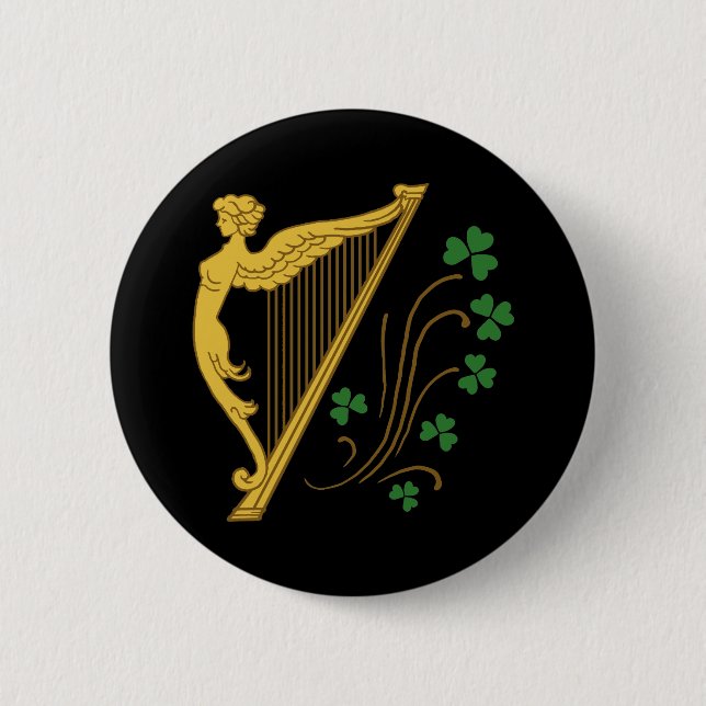 St Patrick's Day Gold Harp and Shamrocks 2 Inch Round Button (Front)