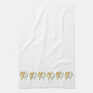 St Patrick's Day Gold Harp and Shamrocks Kitchen Towel