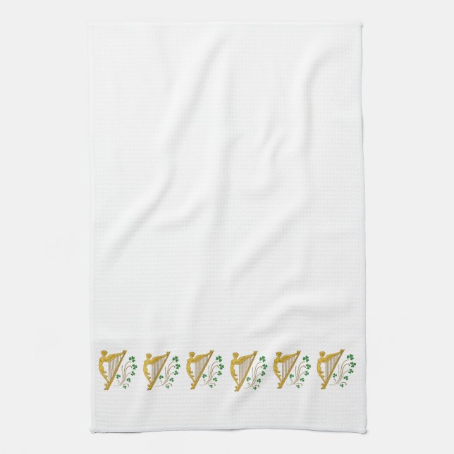 St Patrick's Day Gold Harp and Shamrocks Kitchen Towel (Vertical)