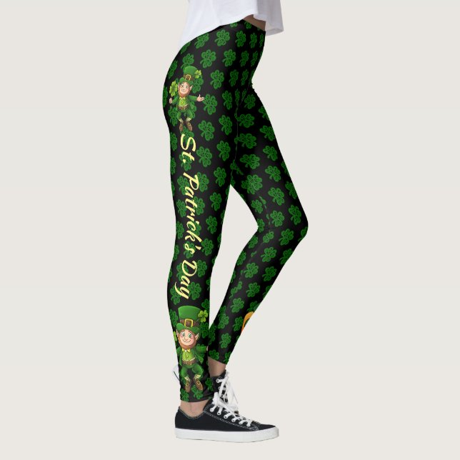 St Patrick's Day Green & Black Personalize Text Leggings (Right)