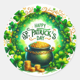 St Patricks Day Green Cauldron Coins Illustration Classic Round Sticker