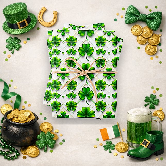 St. Patrick's Day Green Clover Diamond Pattern Wrapping Paper Sheet (Creator Uploaded)