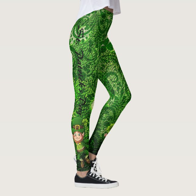 St Patrick's Day Green Clover Personalize Text Leggings (Right)