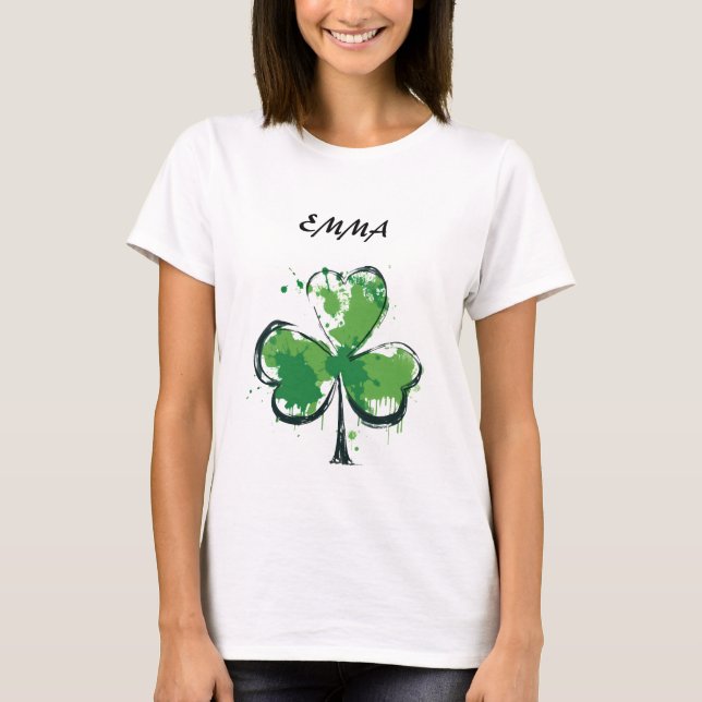 St. Patrick's Day Green Clover Personalized Name T-Shirt (Front)