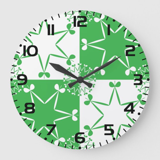 St Patricks Day Green Clover Star Geometric Large Clock (Front)