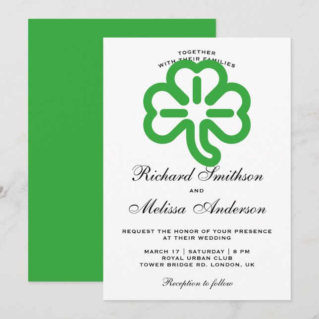 St. Patrick's Day Green Clover Wedding Invitation (Front/Back)