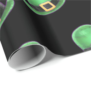 St Patrick's Day Green Derby Hat Pattern on Black Wrapping Paper
