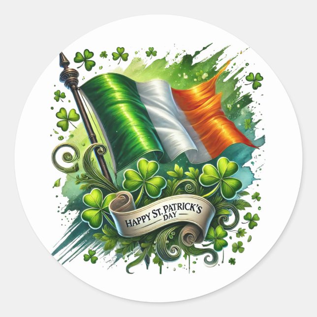 St Patricks Day Green Flag Shamrock Illustration Classic Round Sticker (Front)