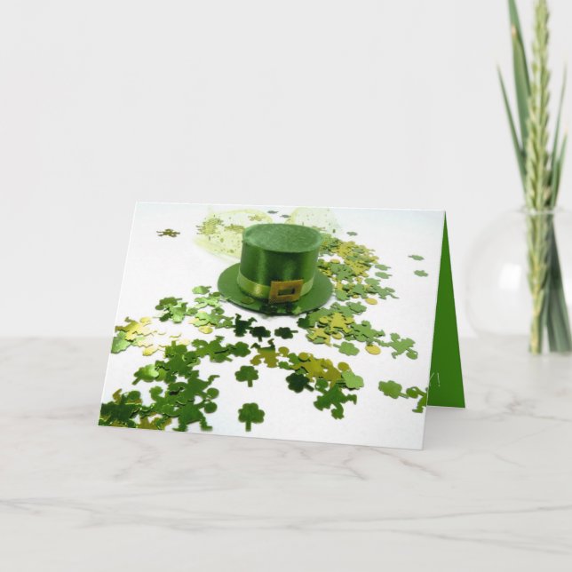 St Patricks Day Green Hat Clover Confetti Greeting Card (Front)