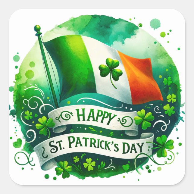 St Patricks Day Green Irish Flag Illustration Square Sticker (Front)