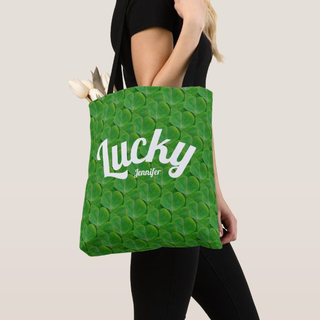 St Patricks Day Green Irish Lucky Clover Pattern Tote Bag (Close Up)