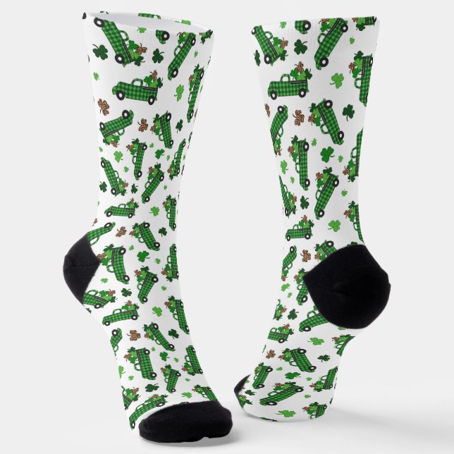 St Patricks Day Green Plaid Truck Clover Leaf  Socks (Angled)