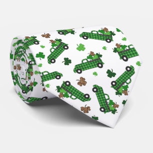 St Patricks Day Green Plaid Truck Clover Leaf  Tie