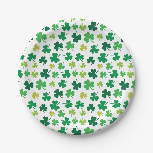 St Patricks Day Green Shamrock Clover Pattern Paper Plate (Front)