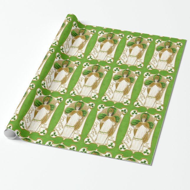 ST.PATRICK'S DAY GREEN SHAMROCKS AND TRINITY WRAPPING PAPER (Unrolled)