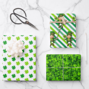 St. Patrick's Day Green Shamrocks Leprechaun Fun 3 Wrapping Paper Sheet