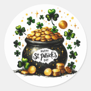 St Patricks Day Green Shamrocks Pot of Gold Design Classic Round Sticker