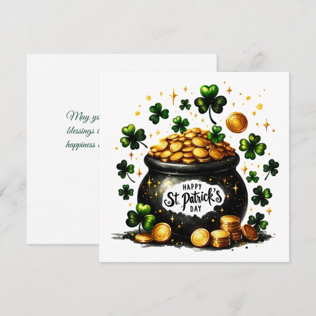 St Patricks Day Green Shamrocks Pot of Gold Design Holiday Card (Front/Back)