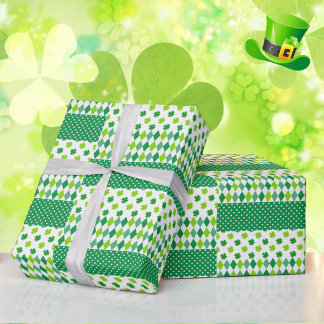 St. Patrick's Day Green White Clover Shamrock Gift Wrapping Paper