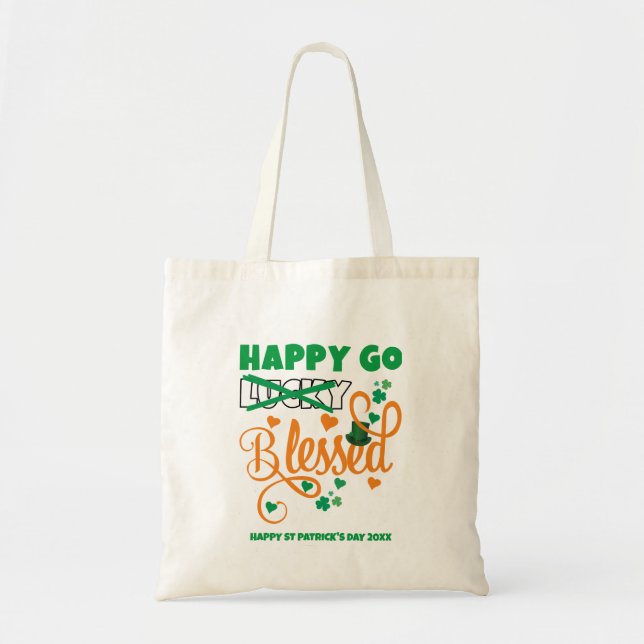 St Patrick's Day HAPPY GO Lucky BLESSED Christian Tote Bag (Front)