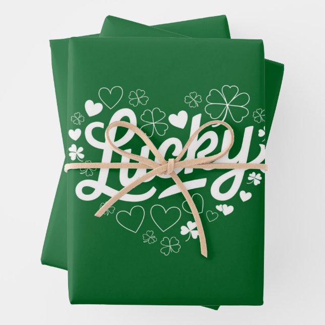 St Patrick's Day Heart Lucky Clover Shamrock  Wrapping Paper Sheet (In situ)