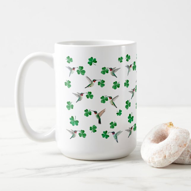 St. Patrick's Day Hummingbird and Shamrocks Coffee Mug (With Donut)
