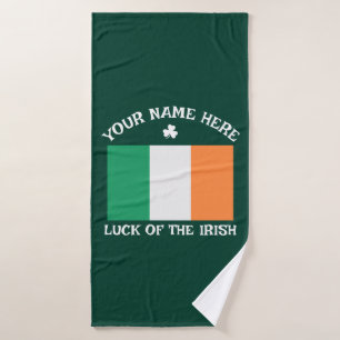 St Patrick's Day Ireland Flag Custom Name Shamrock Bath Towel