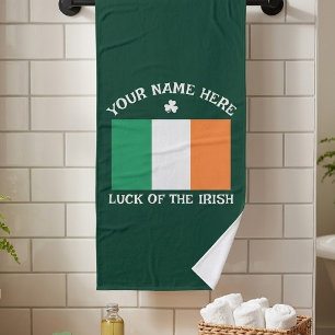 St Patrick's Day Ireland Flag Custom Name Shamrock Bath Towel