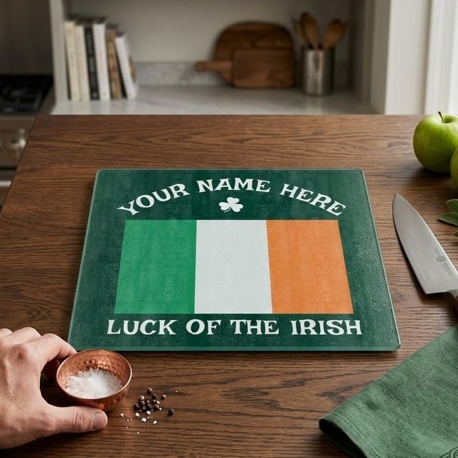 St Patrick's Day Ireland Flag Custom Name Shamrock Cutting Board (Creator Uploaded)