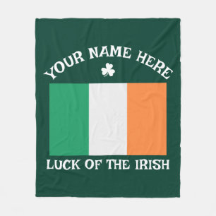 St Patrick's Day Ireland Flag Custom Name Shamrock Fleece Blanket