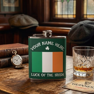 St Patrick's Day Ireland Flag Custom Name Shamrock Hip Flask